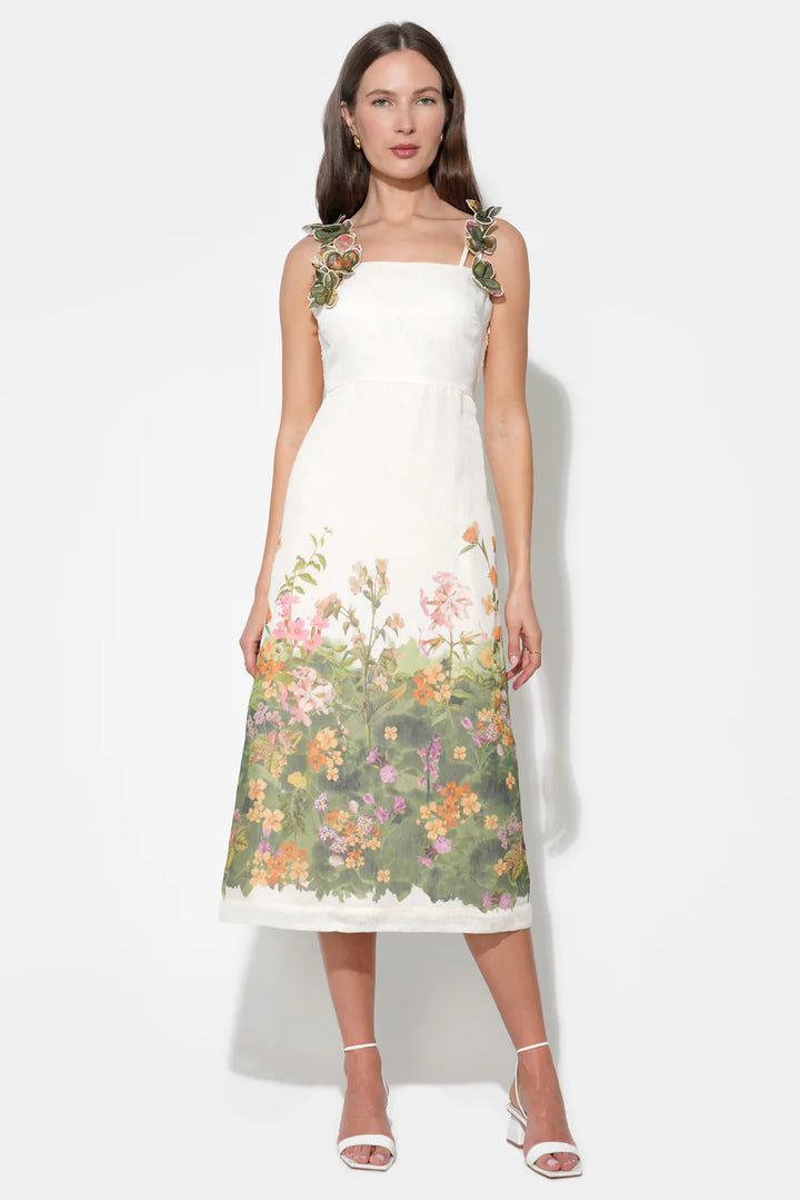 ELOISE BRAIDED PRINTED FLORAL MIDI DRESS-CREAM/GREEN