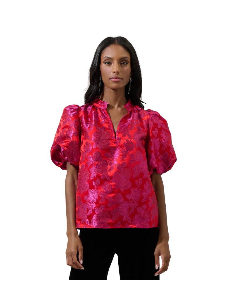 DUSON FLORAL JACQUARD TOP-PINK/RED