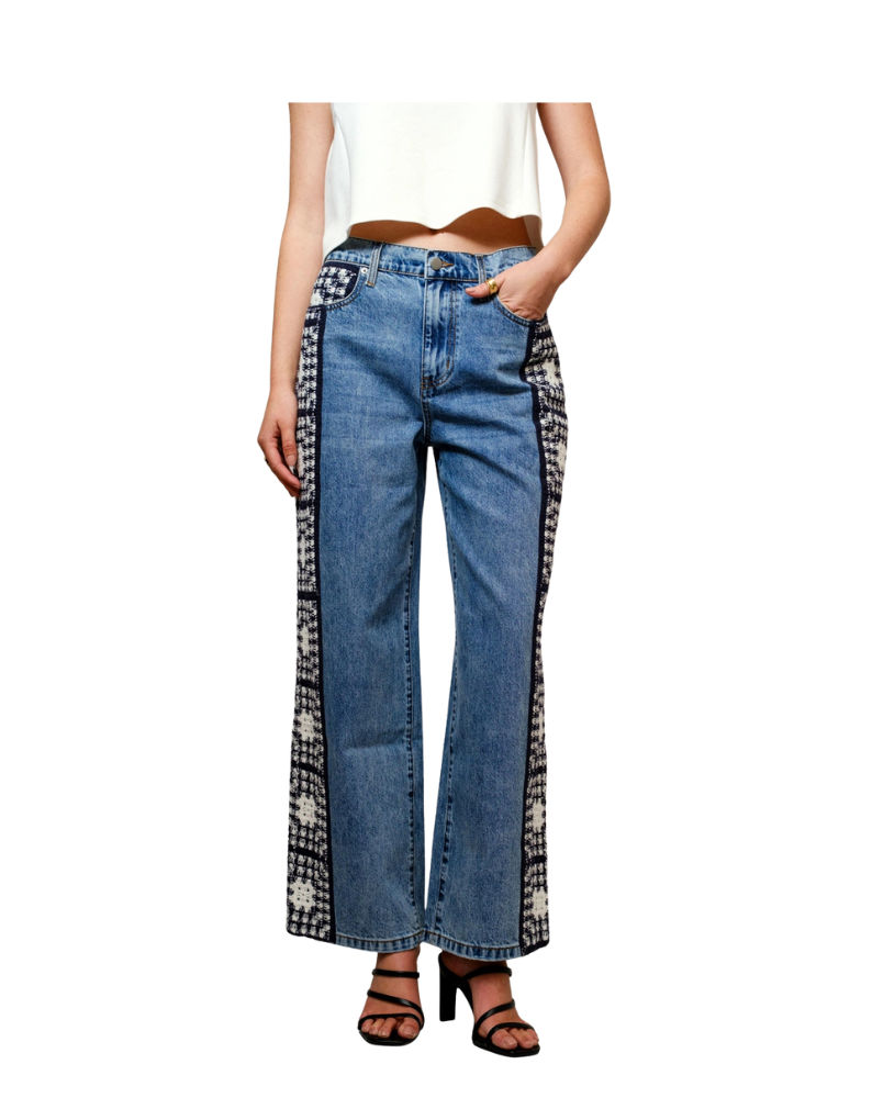 CROCHET DETAIL DENIM PANT-LIGHT WASH