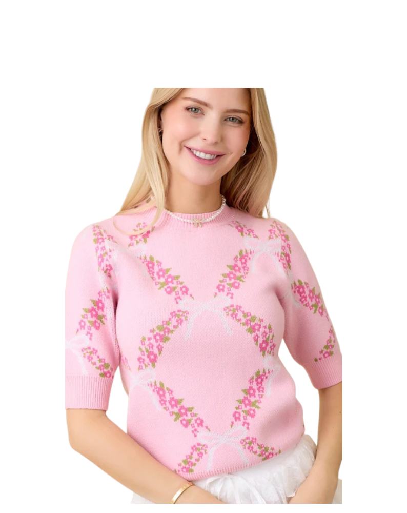 FLORAL RIBBON SWEATER TOP-PINK