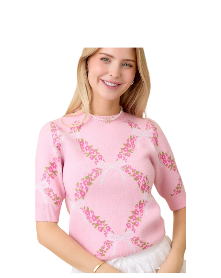 FLORAL RIBBON SWEATER TOP-PINK