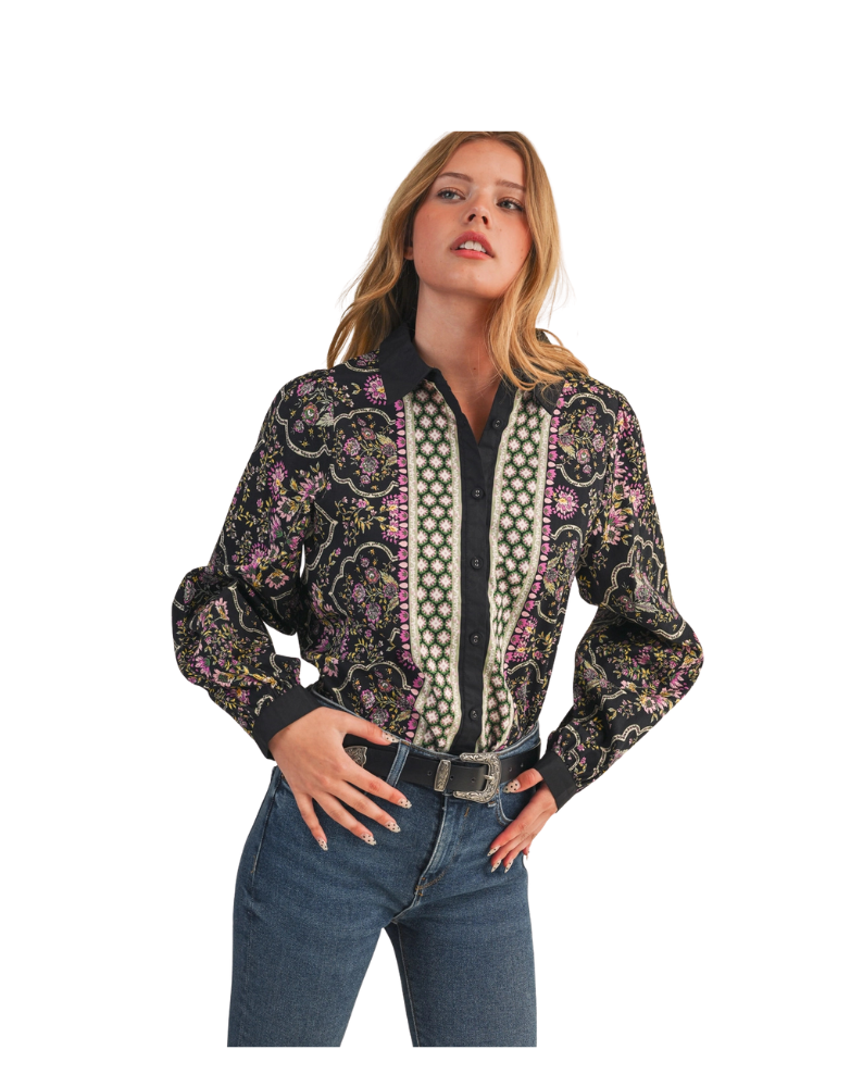 FLORAL BUTTON DOWN TOP-BLACK/MULTI