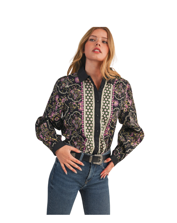FLORAL BUTTON DOWN TOP-BLACK/MULTI