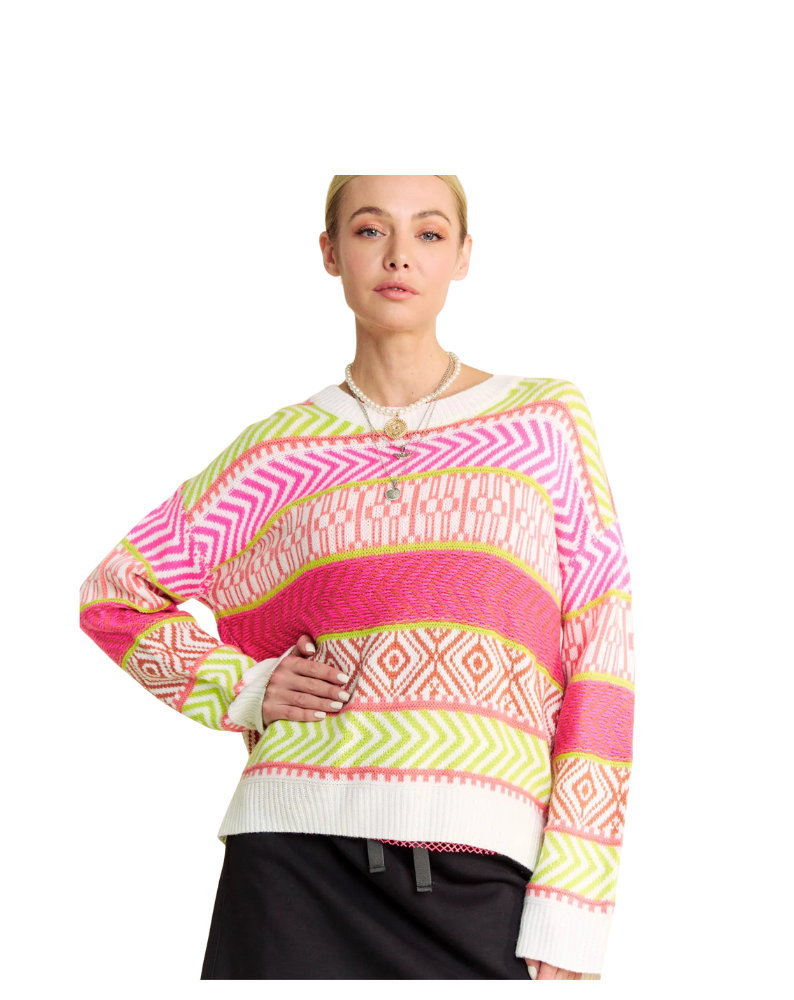 MIX PATTERN TEXTURED SWEATER TOP-NEON PINK/MULTI