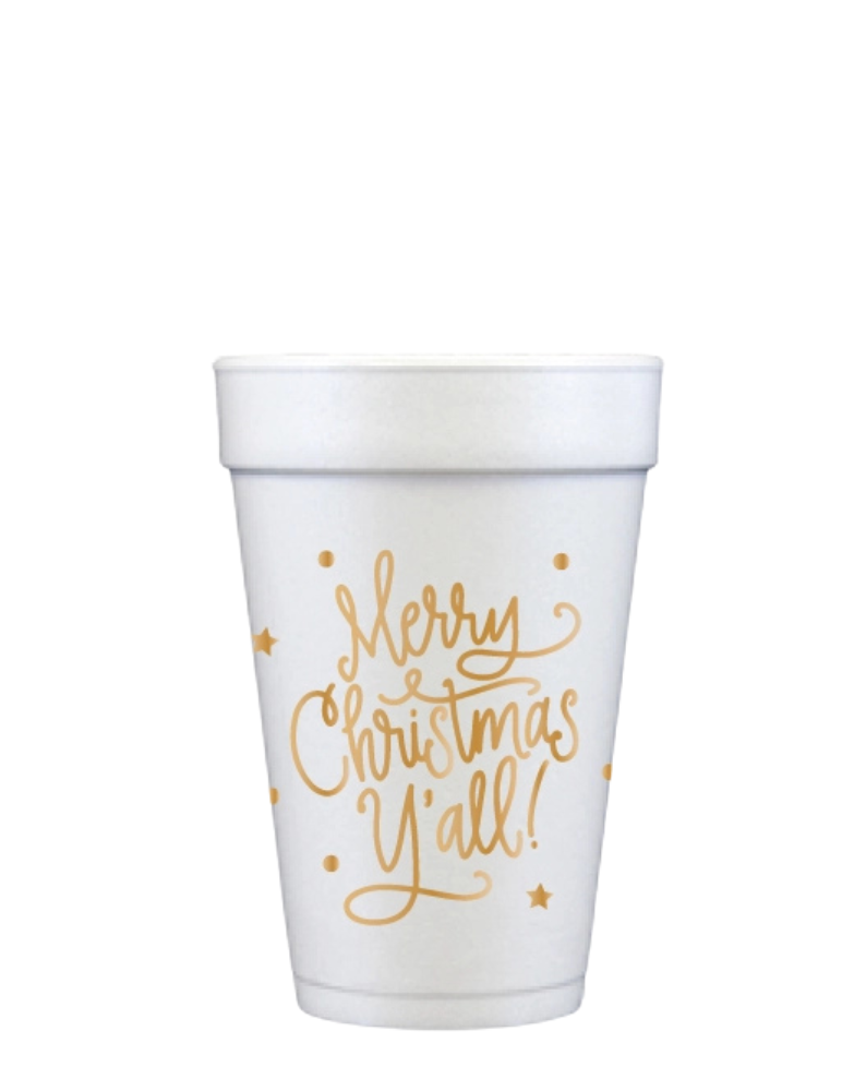 MERRY CHRISTMAS YALL FOAM CUPS-GOLD