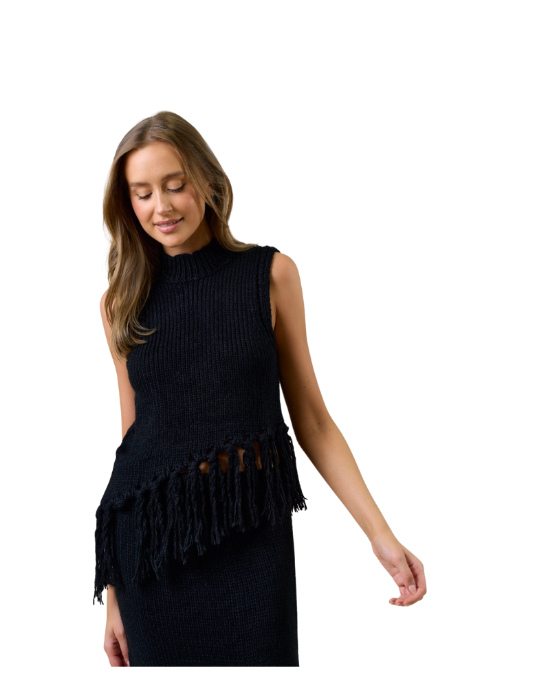 SLEEVELESS MOCK NECK FRINGE TOP-BLACK