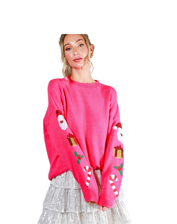 CREW NECK SEQUIN HOLIDAY SWEATER-PINK