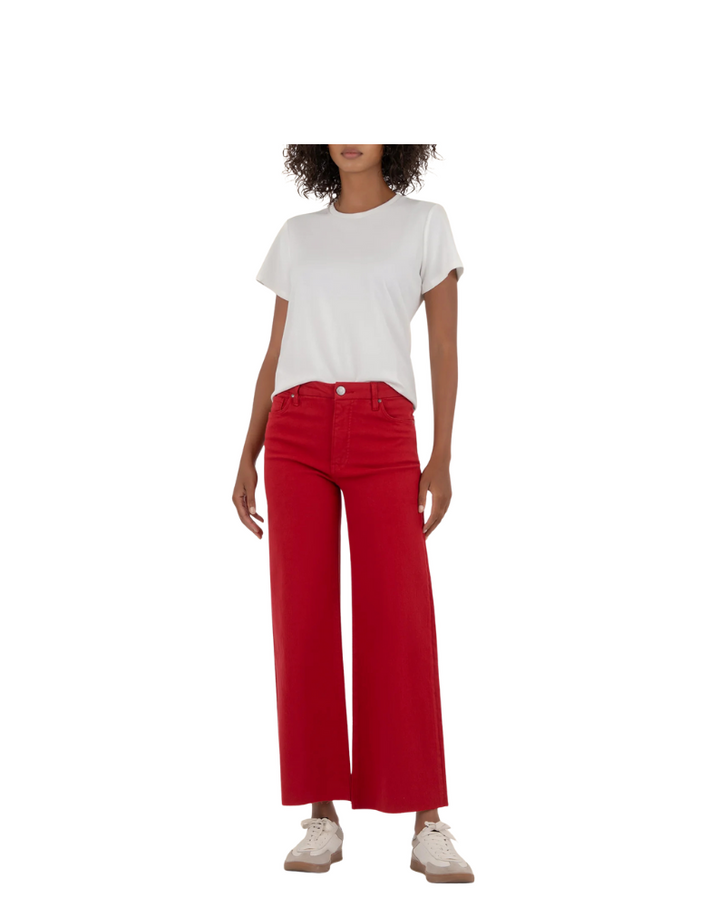 MEG HIGH RISE FAB AB WIDE LEG RAW HEM-RUBY RED