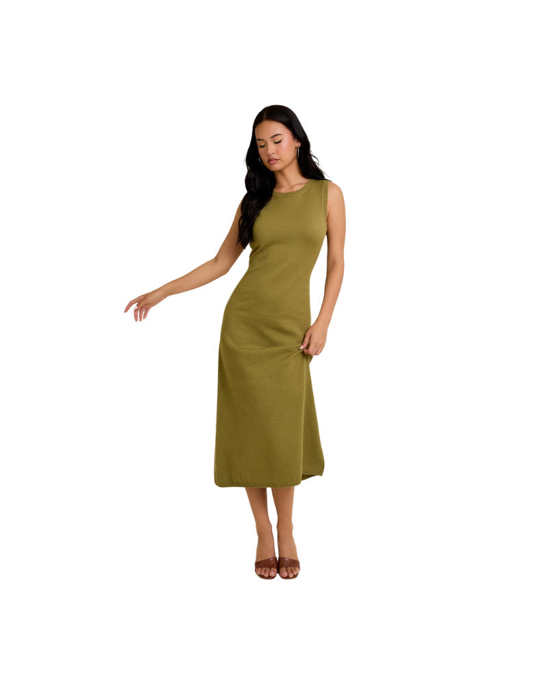 olive sleeveless sweater midi dress with round neckline and open back detail