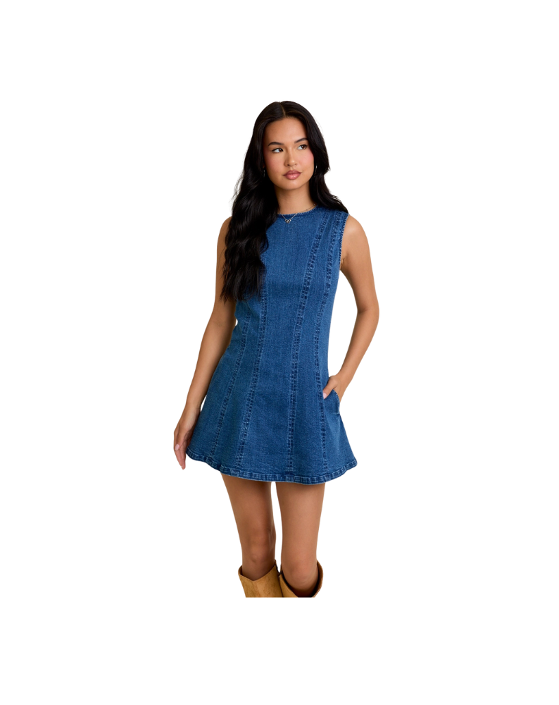 blue denim sleeveless mini dress with round neck and a line silhouette 