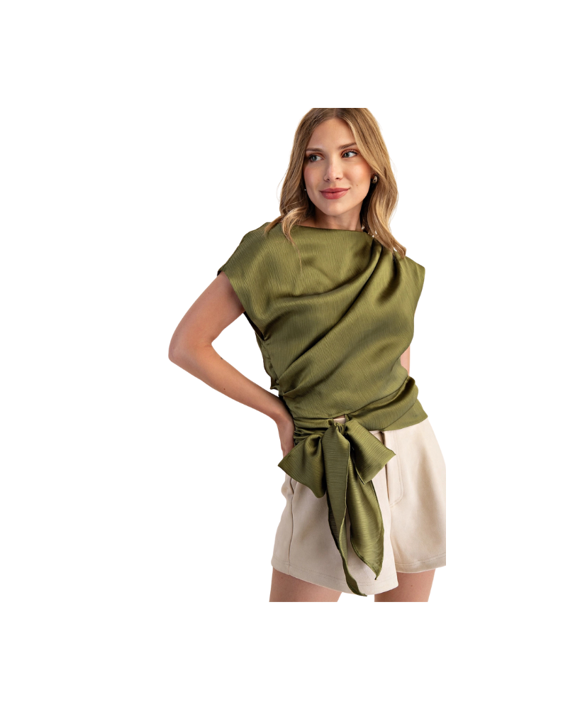 olive boat neck short sleeve waist tie satin top
