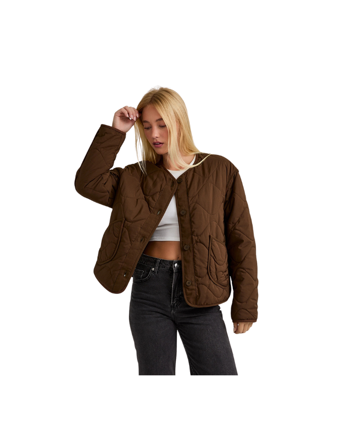 brown quilted long sleeve lightweight jacket with side pockets