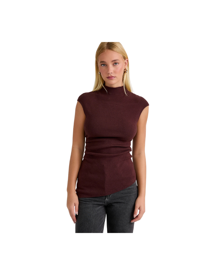 MOCK NECK SHIRRED WAIST SWEATER TOP-BROWN