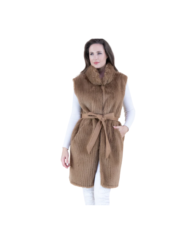 VERTICAL RIBBED FAUX FUR BELTED VEST-KHAKI