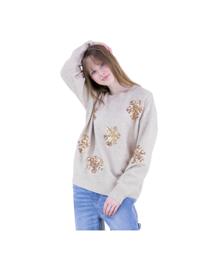 SEQUIN SNOWFLAKE SWEATER-BEIGE