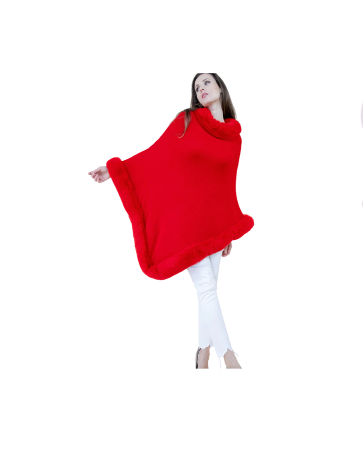 FAUX FUR TRIMMED PONCHO-RED