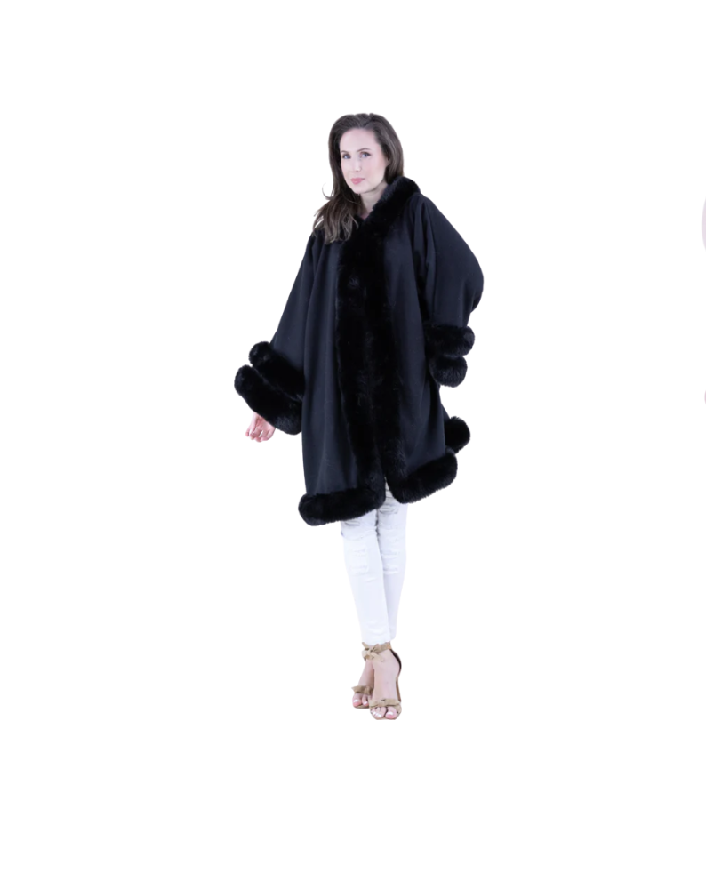 DOUBLE FUR TRIM HOODED COAT-BLACK