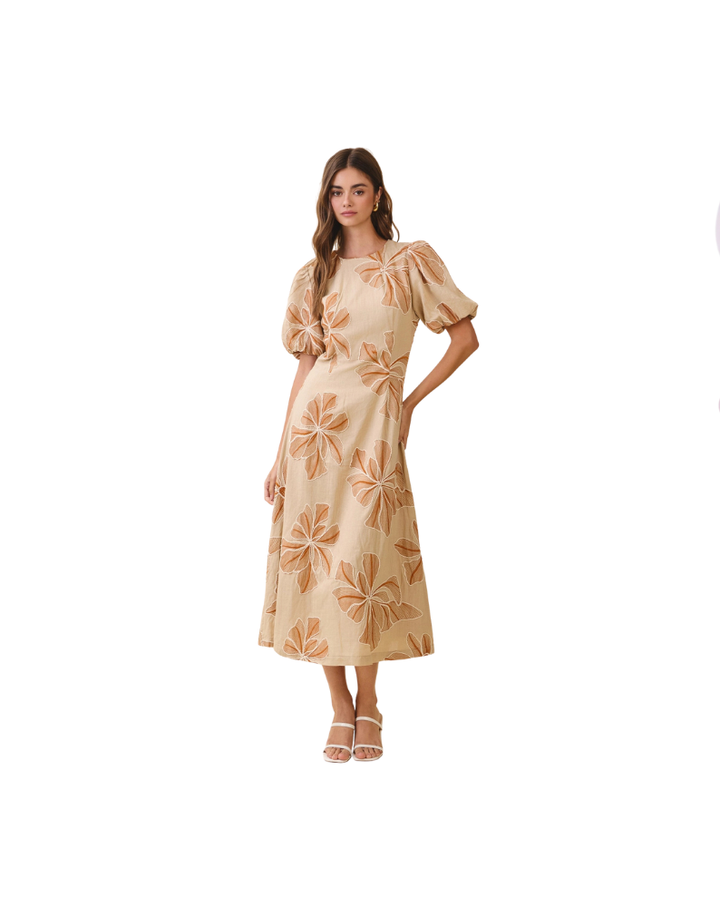EMBROIDERED PUFF SLEEVE MIDI DRESS-KHAKI