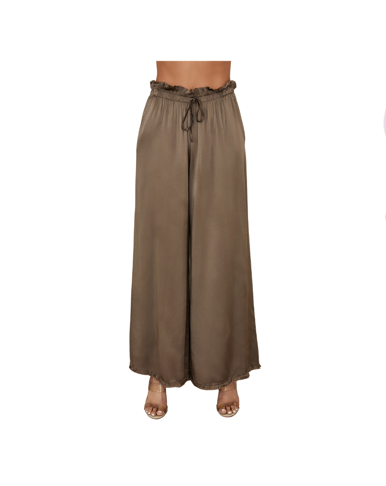 VISCOSE DRAWSTRING WAIST DISTRESSED HEM PALAZZO PANT-DARK MOCHA