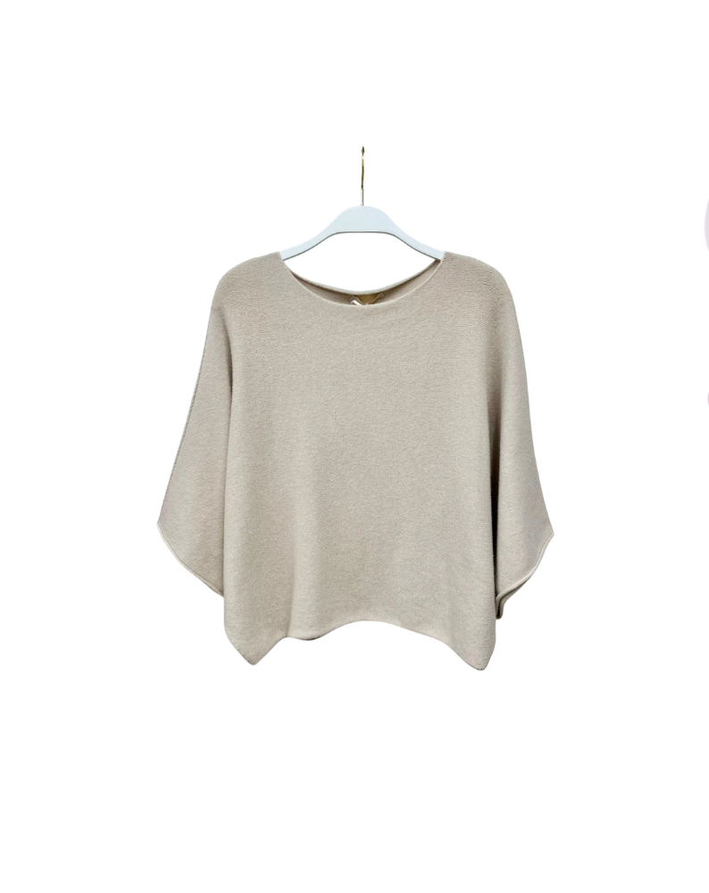 CREW NECK BATWING SLEEVE KNIT TOP-CLASSIC BEIGE
