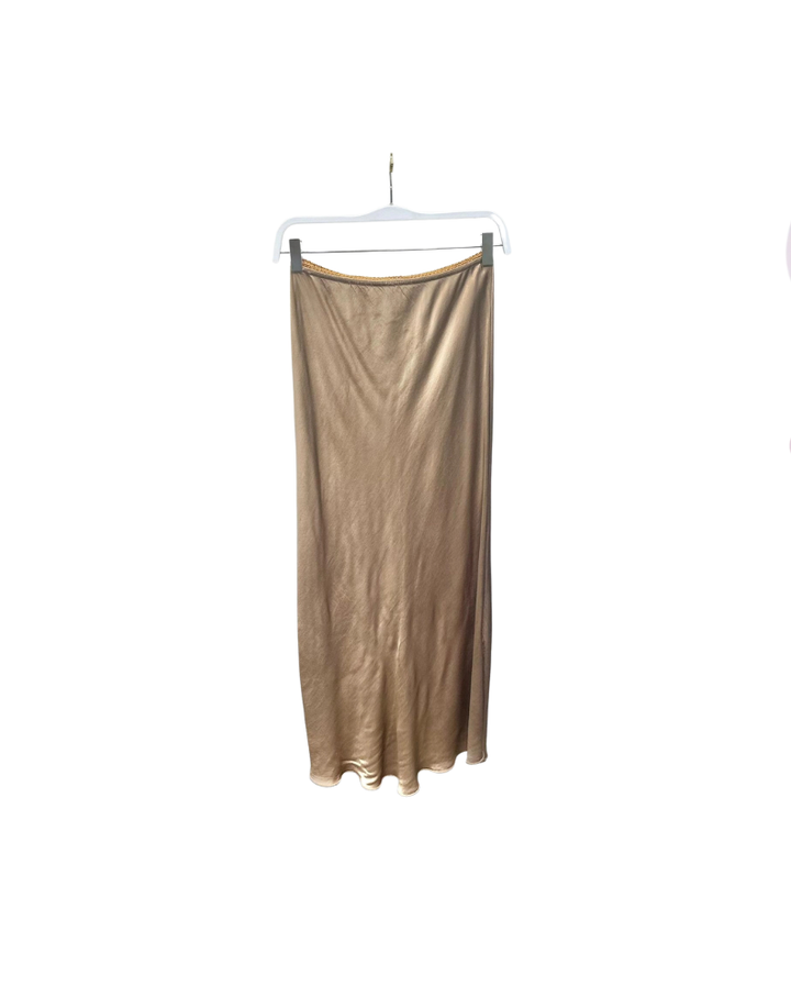 SILKY SLIP SKIRT WITH LACE WAISTBAND-CAMEL