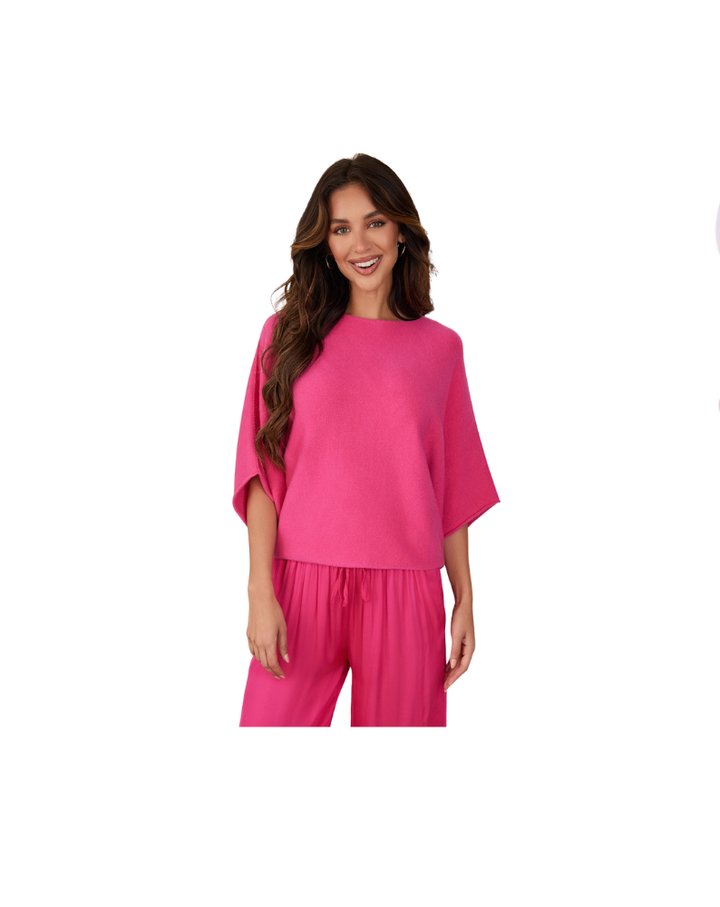 CREW NECK BATWING SLEEVE KNIT TOP-FUCHSIA