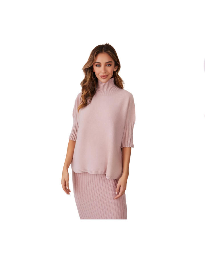 RIB CONTRAST TURTLENECK SS KNIT TOP-BLUSH