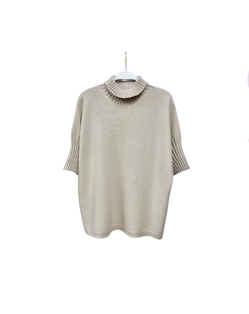 RIB CONTRAST TURTLENECK SS KNIT TOP-CLASSIC BEIGE