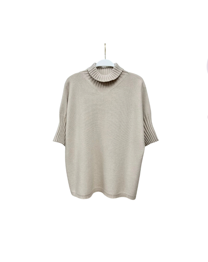 RIB CONTRAST TURTLENECK SS KNIT TOP-CLASSIC BEIGE