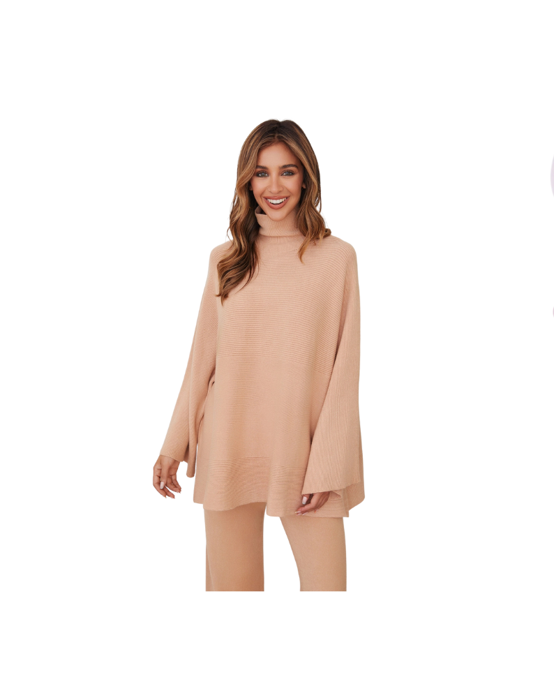 RELAXED WIDE SLEEVE TURTLENECK SWEATER-CARAMEL