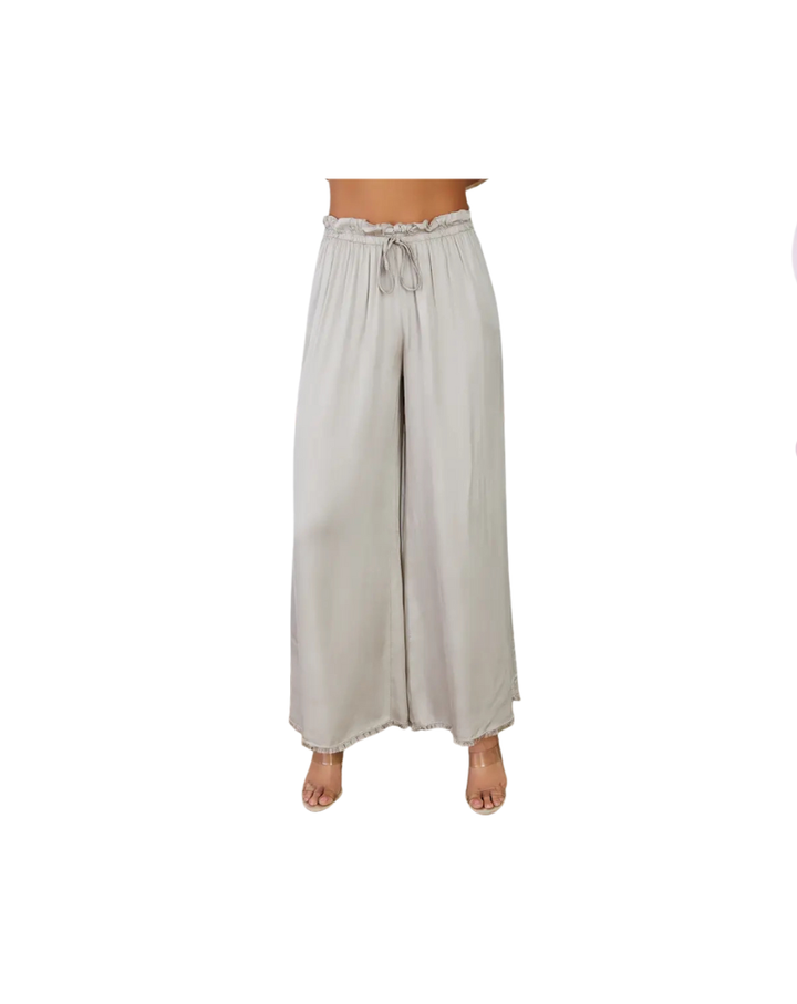 VISCOSE DRAWSTRING WAIST DISTRESSED HEM PALAZZO PANT-BEIGE