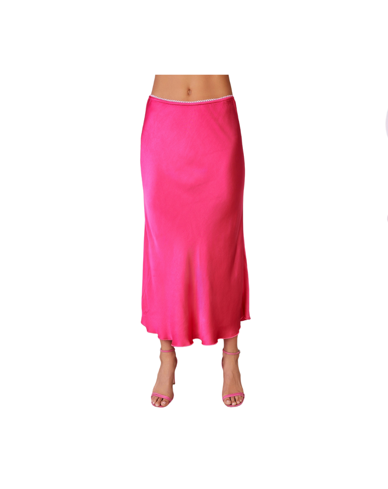 SILKY SLIP SKIRT WITH LACE WAISTBAND-FUCHSIA