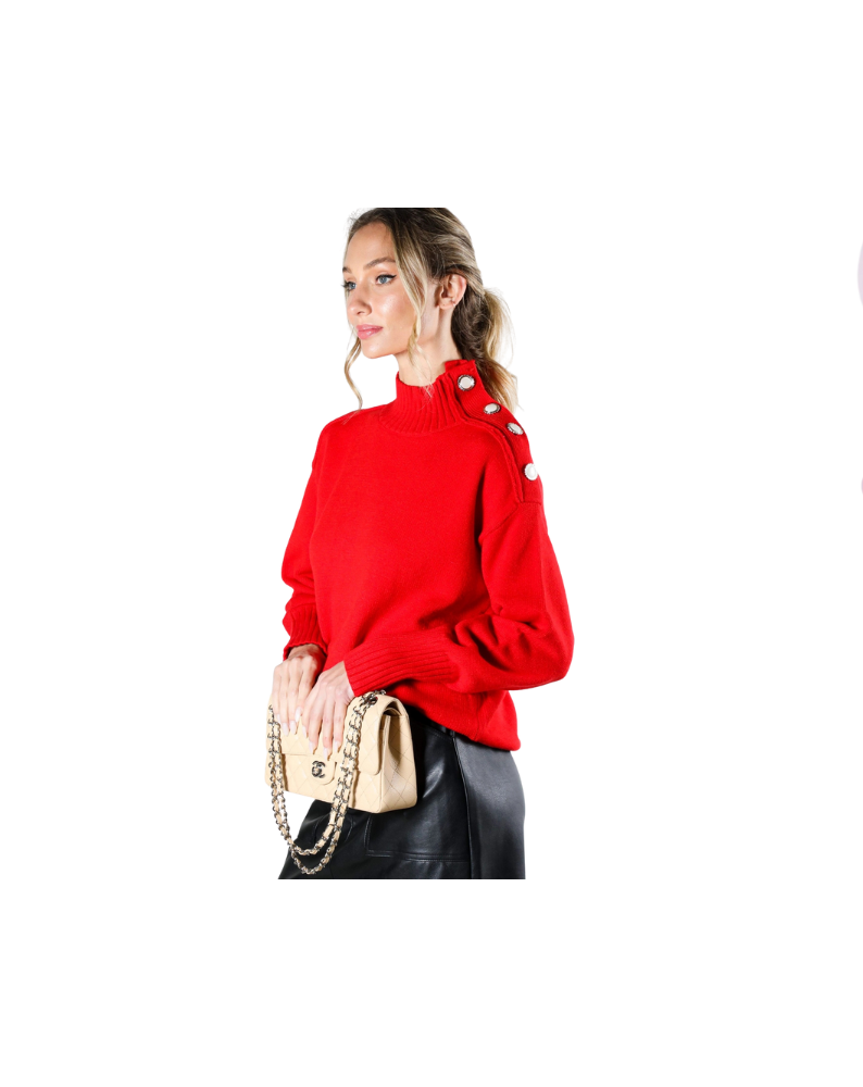 SHOULDER BUTTON DETAIL SWEATER-RED