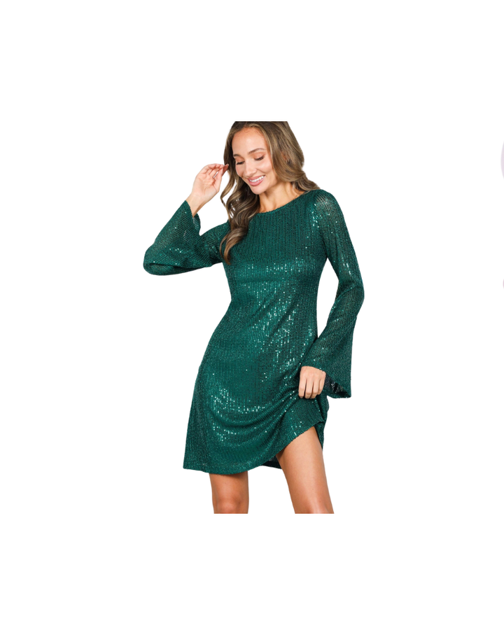 TIE BACK SEQUIN MINI DRESS-HUNTER GREEN