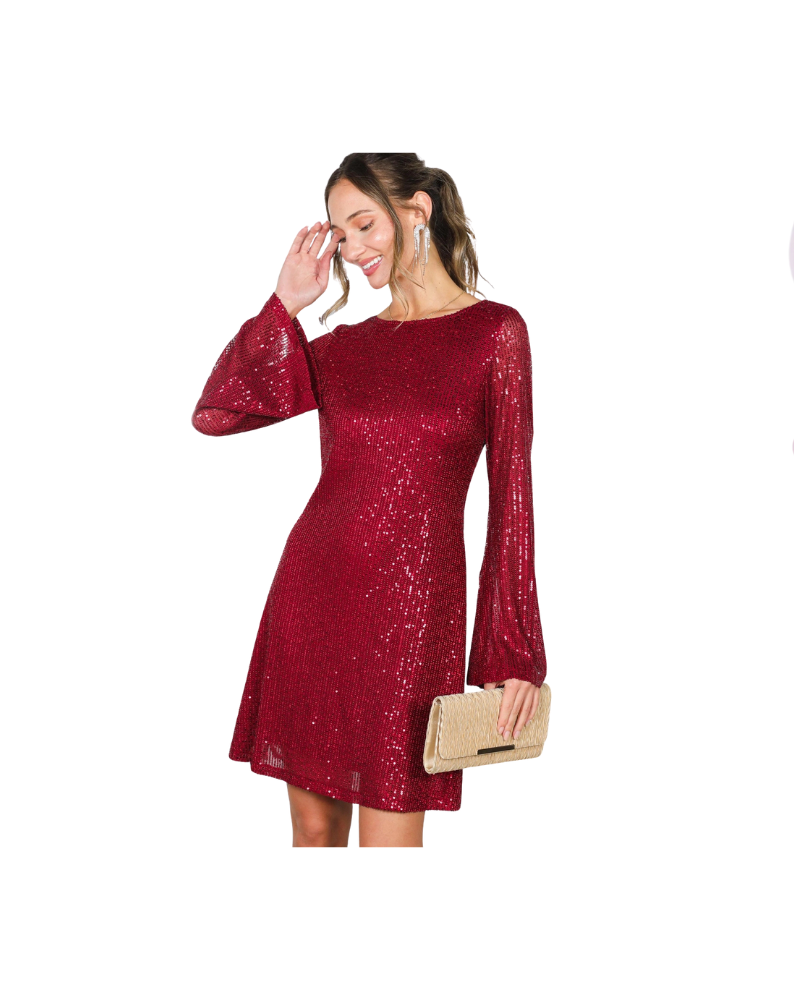TIE BACK SEQUIN MINI DRESS-BURGUNDY