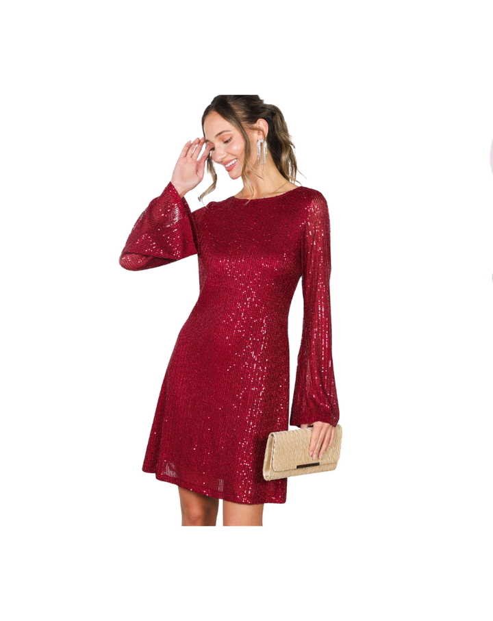 TIE BACK SEQUIN MINI DRESS-BURGUNDY