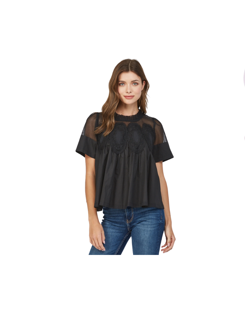 MESH AND APPLIQUÉ BLOUSE-BLACK