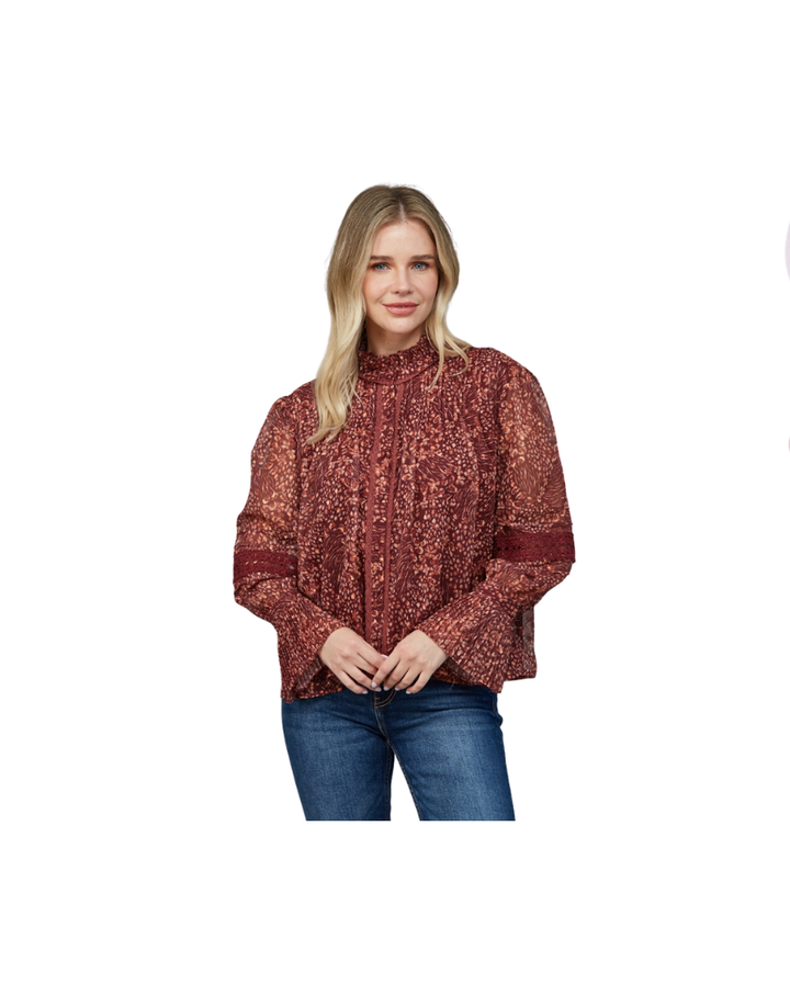 FLORAL PRINT LUREX BLOUSE-BURGUNDY/MULTI