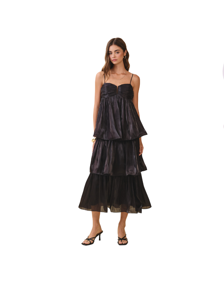 SATIN TIERED MAXI DRESS-BLACK
