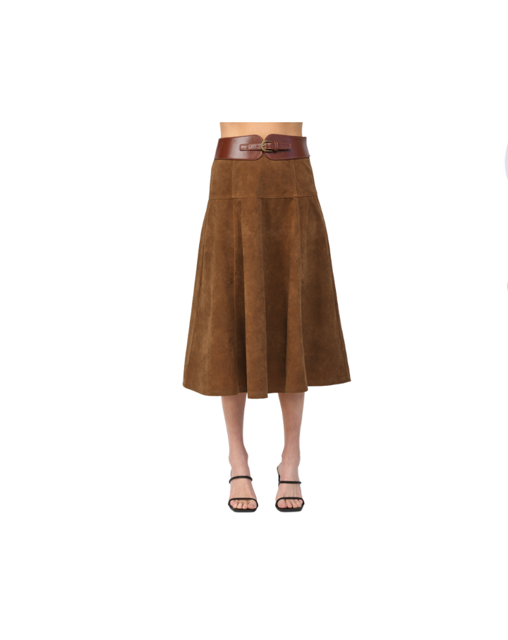 HIGH WAISTED FAUX SUEDE MIDI SKIRT-BROWN