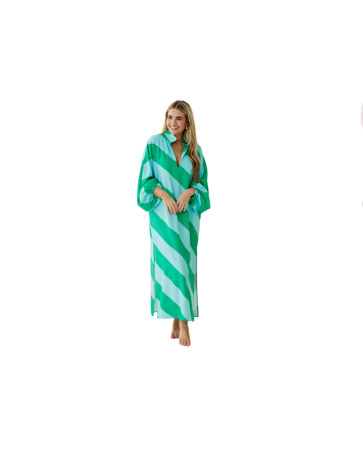green and teal striped caftan dress with long sleeves and side slit