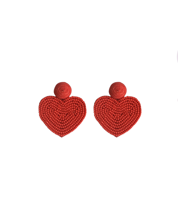 VALENTINES DAY HOLIDAY BEADED HEART EARRINGS-RED
