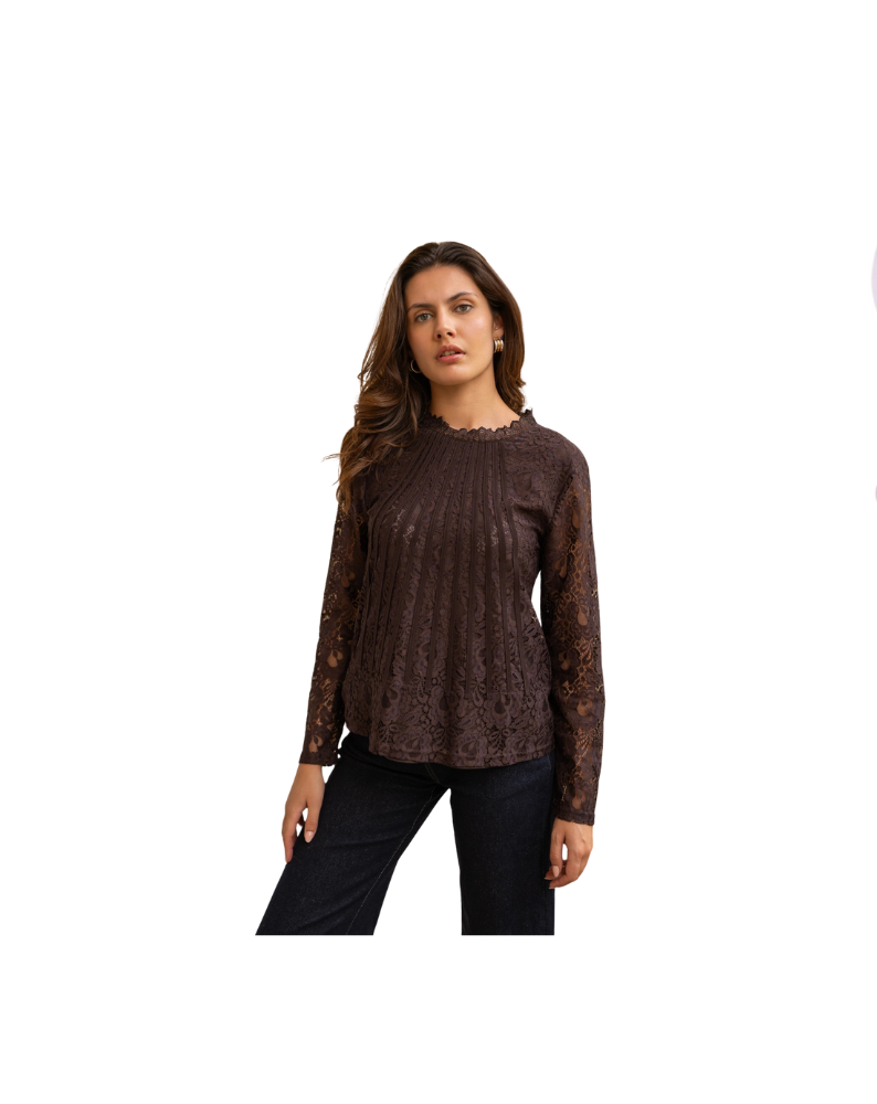 TIFFANY LONG SLEEVE LACE BLOUSE-CHOCOLATE