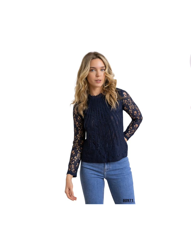 TIFFANY LONG SLEEVE LACE BLOUSE-NAVY