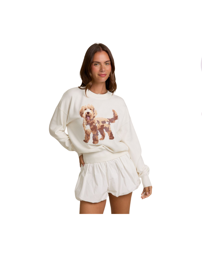 PUPPY GRAPHIC CREW NECK SWEATER-WHITE