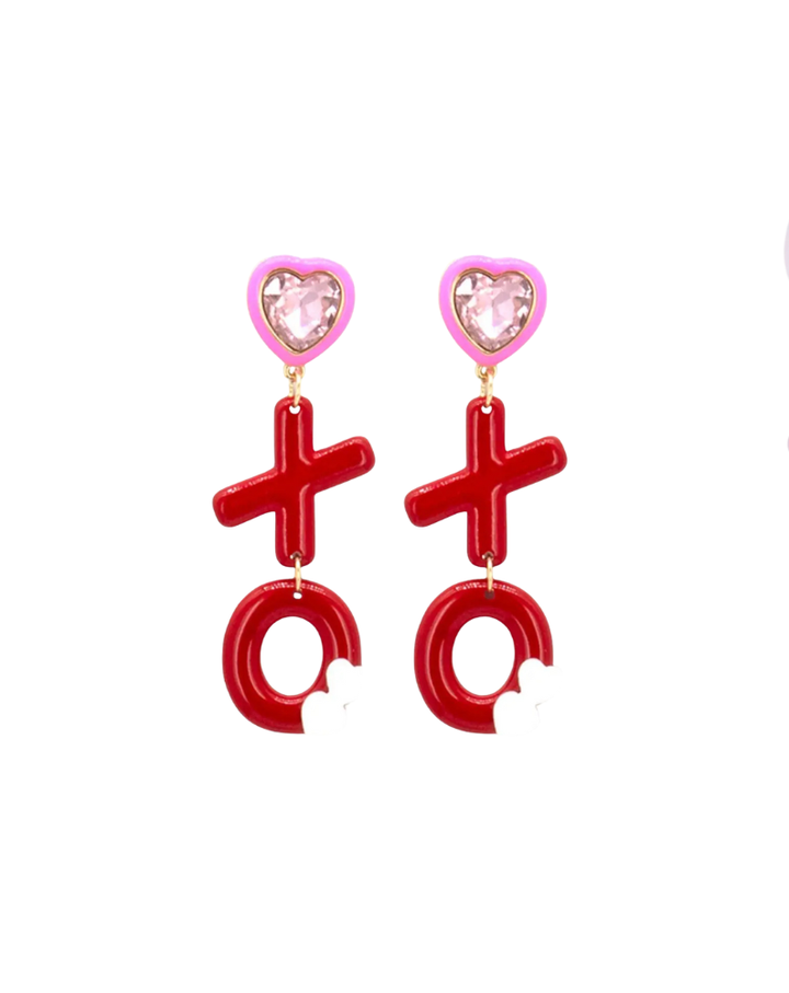 XOXO HEART SHAPE CRYSTAL DANGLE EARRING-RED
