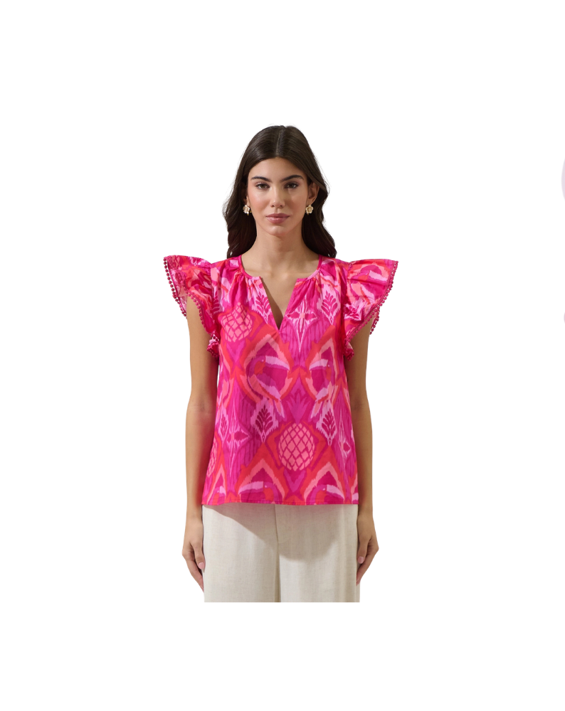 PRISSA IKAT CARYA POPLIN TOP-MAGENTA/CORAL