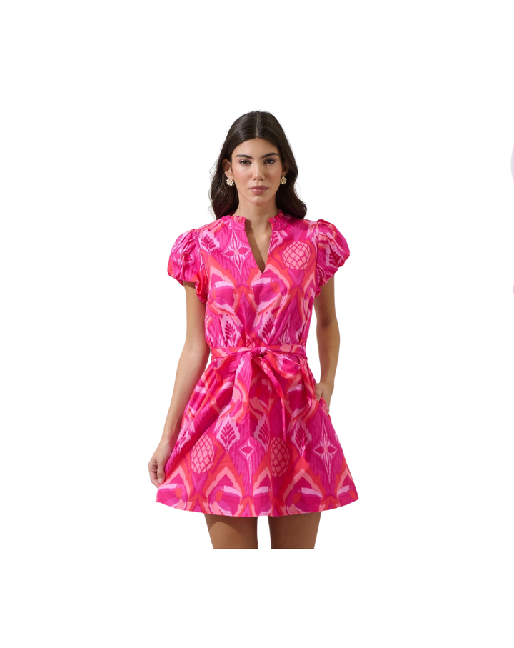 PRISSA IKAT ORELA MINI DRESS-MAGENTA/CORAL