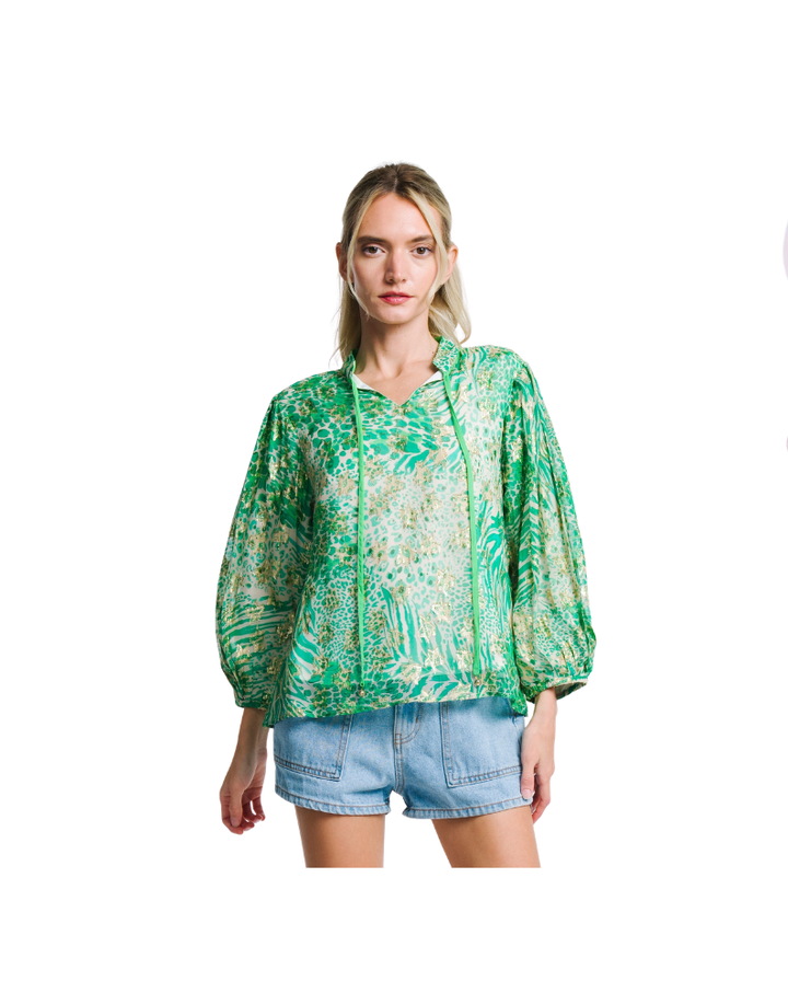 BARI PUFF SLEEVE FRONT TIE TOP-GREEN/MULTI