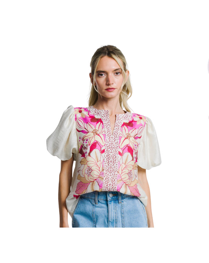 MILLY FLORAL PRINT PUFF SLEEVE BLOUSE-PINK/MULTI